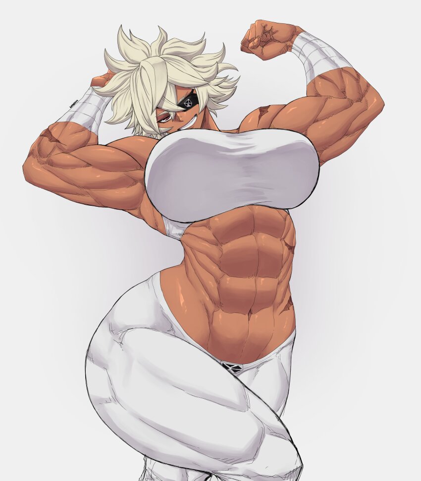 1girl abs breasts dark-skinned_female dark_skin debonair_diamond eyepatch flexing grey_background grey_hair limn044 muscular muscular_female muscular_legs pants red_hood_(kawaguchi) short_hair simple_background smile teeth tight_clothes tight_pants