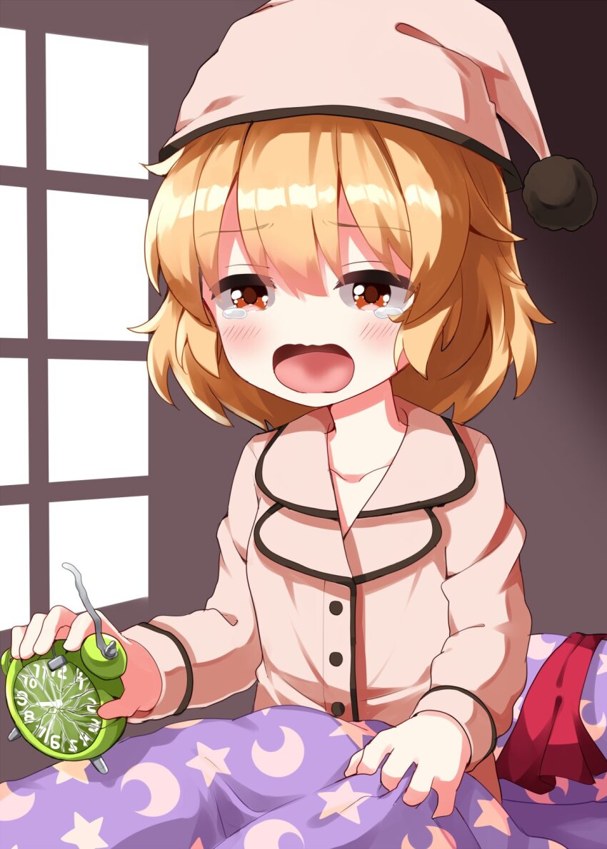 1girl alarm_clock blanket blonde_hair blush broken buttons clock collarbone commentary_request crescent hair_between_eyes hat highres indoors long_sleeves open_mouth orange_eyes pajamas pillow pink_hat pink_pajamas pink_shirt rumia ruu_(tksymkw) shirt short_hair sitting sketch_background solo star_(symbol) tearing_up touhou waking_up wavy_mouth yawning