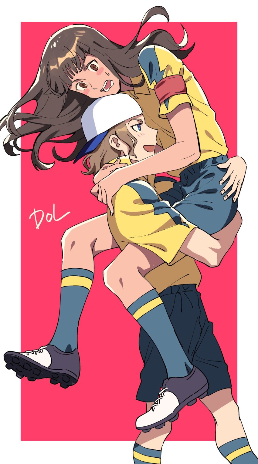 2boys armband arms_around_neck backwards_hat baseball_cap blonde_hair blue_eyes blue_shorts blue_socks blush border brown_eyes brown_hair carrying carrying_person dolustoy hat highres implied_yaoi inazuma_eleven_(series) inazuma_eleven_ares_no_tenbin light_blush long_hair male_focus mansaku_yuuichirou michinari_tatsumi multicolored_footwear multiple_boys open_mouth pink_background raimon raimon_soccer_uniform red_armband shirt shorts soccer_uniform socks sportswear sweatdrop two-tone_background white_border yellow_shirt