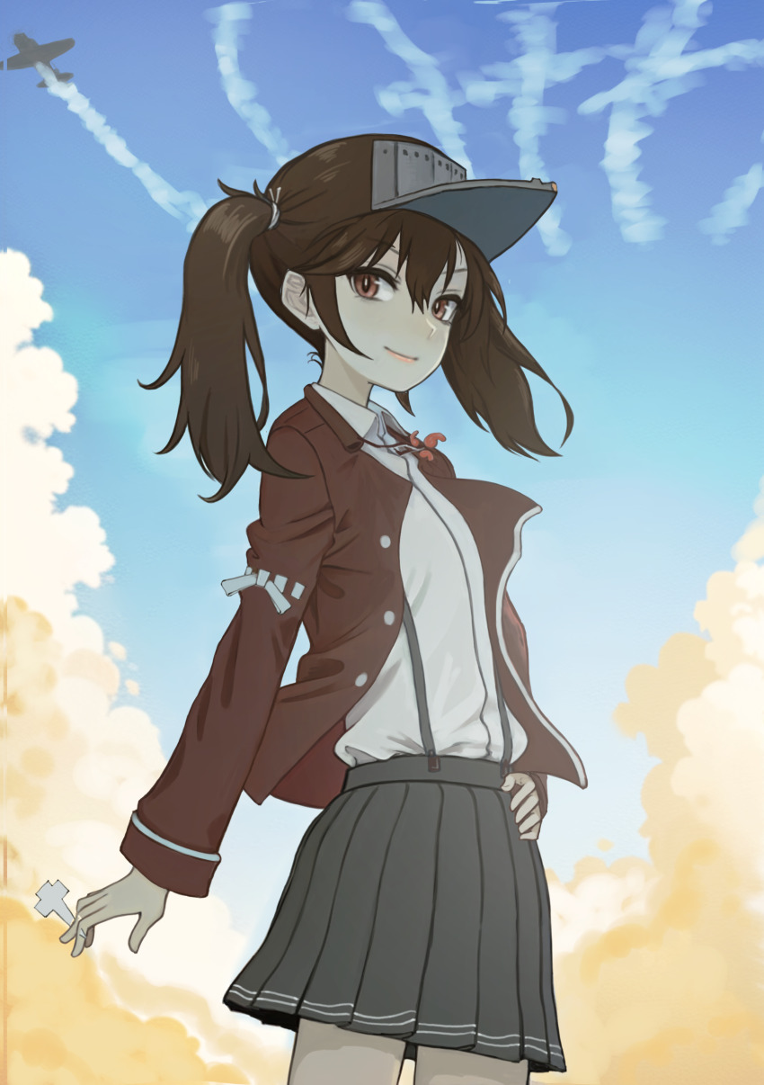 1girl absurdres aircraft airplane between_fingers black_skirt blue_sky brown_eyes brown_hair brown_jacket closed_mouth cloud collared_shirt commentary_request contrail day dress_shirt grey_hat grey_skirt hair_between_eyes hand_on_own_hip hat highres holding jacket jewelry kantai_collection long_hair long_sleeves magatama magatama_necklace necklace nito_(nshtntr) open_clothes open_jacket outdoors pleated_skirt ryuujou_(kancolle) shikigami shirt skirt sky smile solo suspender_skirt suspenders twintails visor_cap white_shirt