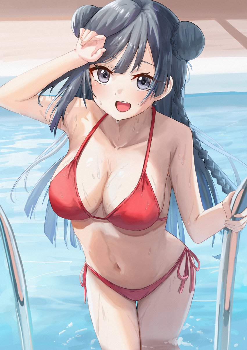 1girl absurdres aftamc bikini black_hair braid breasts cleavage collarbone double_bun grey_eyes hair_bun halterneck hand_up highres huge_filesize large_breasts long_hair looking_at_viewer love_live! love_live!_nijigasaki_high_school_idol_club navel open_mouth pool pool_ladder red_bikini side-tie_bikini_bottom string_bikini swimsuit thigh_gap water wet yuki_setsuna