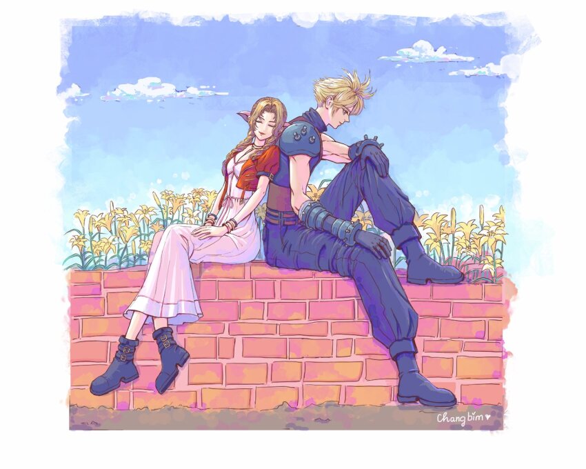 1boy 1girl aerith_gainsborough armor artist_name baggy_pants bangle belt black_gloves blonde_hair blue_pants blue_shirt boots border bracelet breasts brick_wall brown_belt brown_hair changbim13 choker closed_eyes cloud_strife cropped_jacket dress facing_to_the_side field final_fantasy final_fantasy_vii final_fantasy_vii_rebirth final_fantasy_vii_remake flower flower_choker flower_field full_body gloves hair_ribbon hands_on_lap jacket jewelry lily_(flower) long_dress long_hair medium_breasts multiple_belts outdoors pants parted_bangs pink_dress pink_ribbon puffy_short_sleeves puffy_sleeves red_jacket ribbon shirt short_hair short_sleeves shoulder_armor sidelocks single_shoulder_pad sitting_on_wall sleeveless sleeveless_turtleneck smile spiked_hair turtleneck wavy_hair white_border yellow_flower