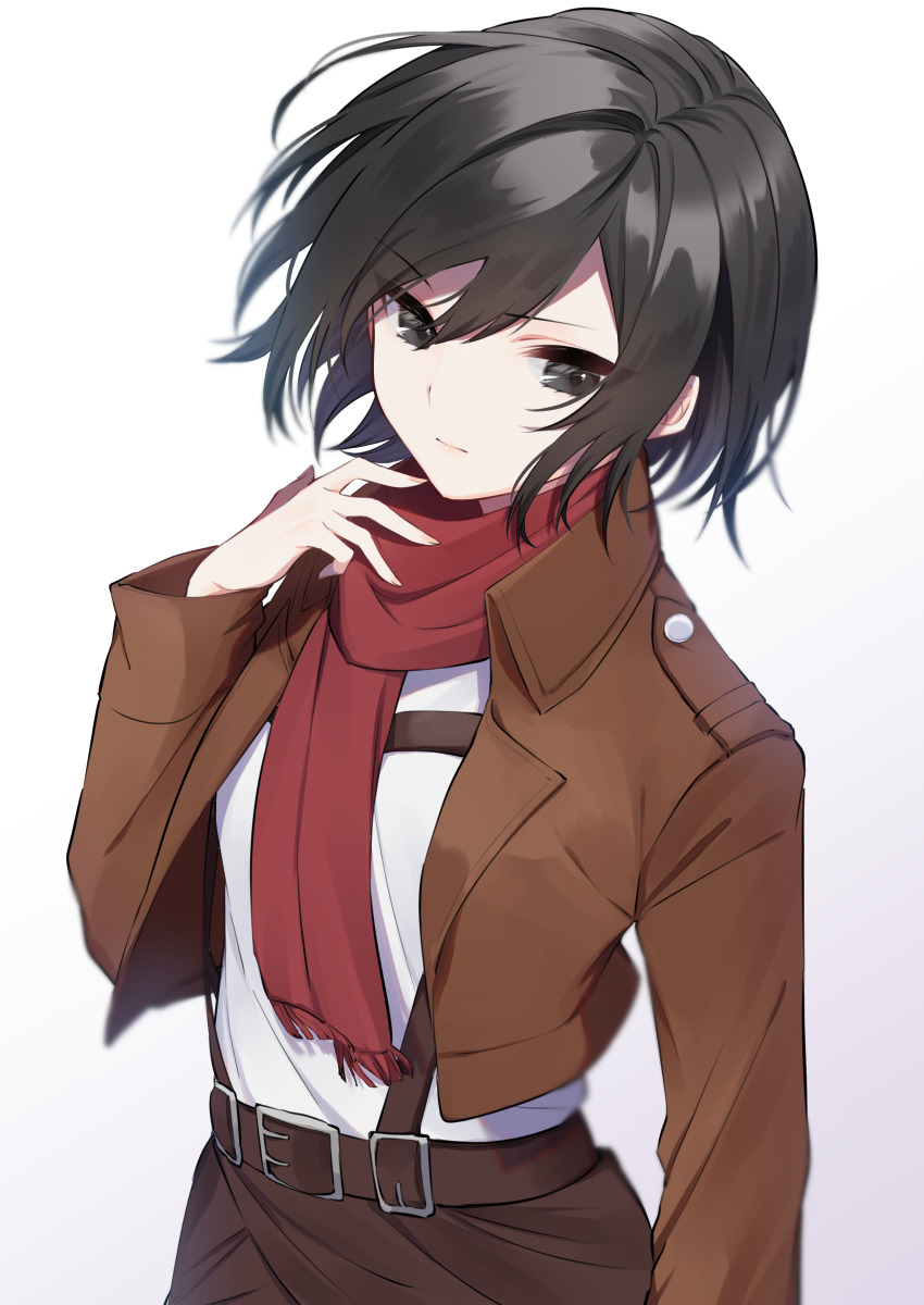 1girl absurdres bad_id bad_pixiv_id belt belt_buckle black_eyes black_hair brown_belt brown_jacket brown_skirt buckle closed_mouth hair_between_eyes highres hinakano_h jacket mikasa_ackerman open_clothes open_jacket paradis_military_uniform red_scarf scarf shingeki_no_kyojin shirt short_hair simple_background skirt solo upper_body white_background white_shirt