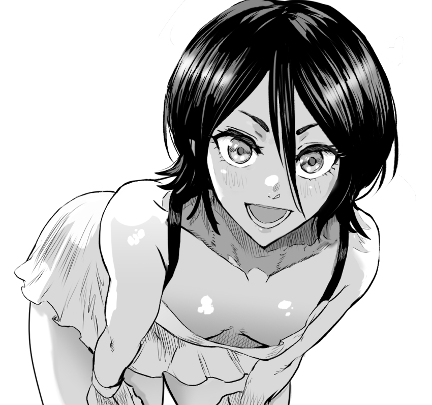 1girl bent_over black_hair bleach blush breasts collarbone daraz downblouse dress greyscale hair_between_eyes hands_on_own_knees kuchiki_rukia leaning_forward looking_at_viewer monochrome no_bra open_mouth short_hair simple_background small_breasts smile solo white_background