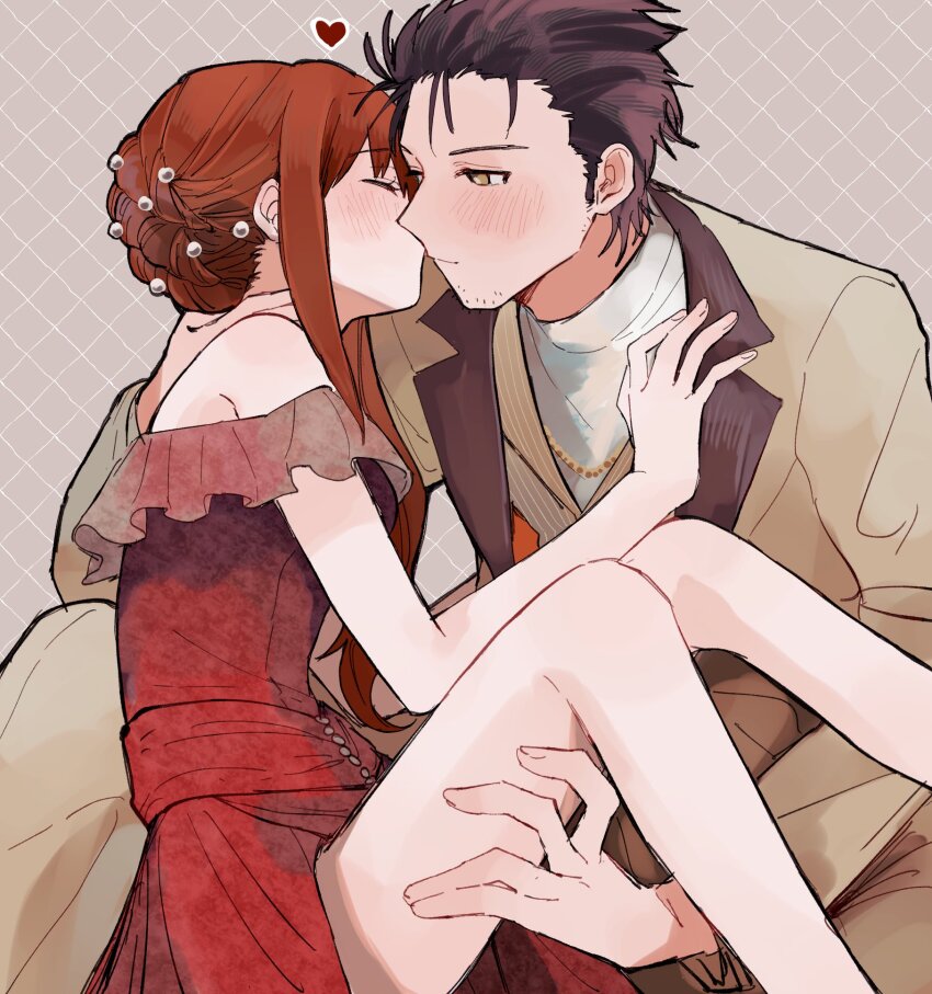 1boy 1girl alternate_costume black_hair blush brown_background brown_jacket closed_mouth commentary_request couple dress facial_hair heart hetero highres jacket kiss makise_kurisu okabe_rintarou red_dress red_hair short_hair sidelocks simple_background steins;gate stubble suehiroch0 yellow_eyes