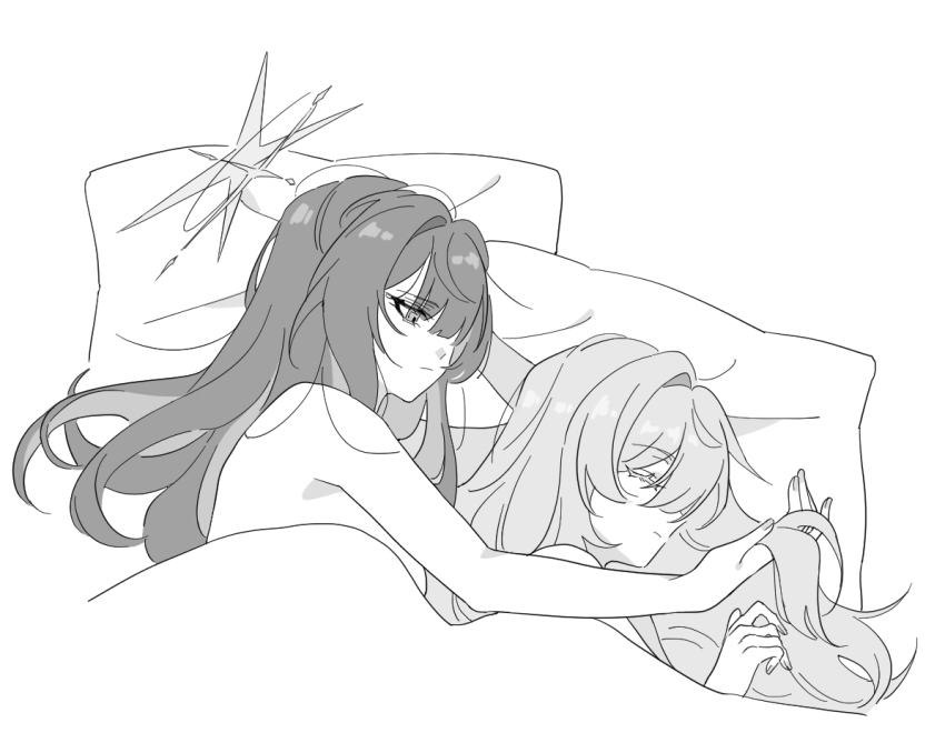 2girls arikalovesyou2 atsuko_(blue_archive) blue_archive closed_eyes closed_mouth commentary_request from_above greyscale halo hand_in_another&#039;s_hair long_hair looking_at_another monochrome multiple_girls nude pillow saori_(blue_archive) sleeping under_covers yuri