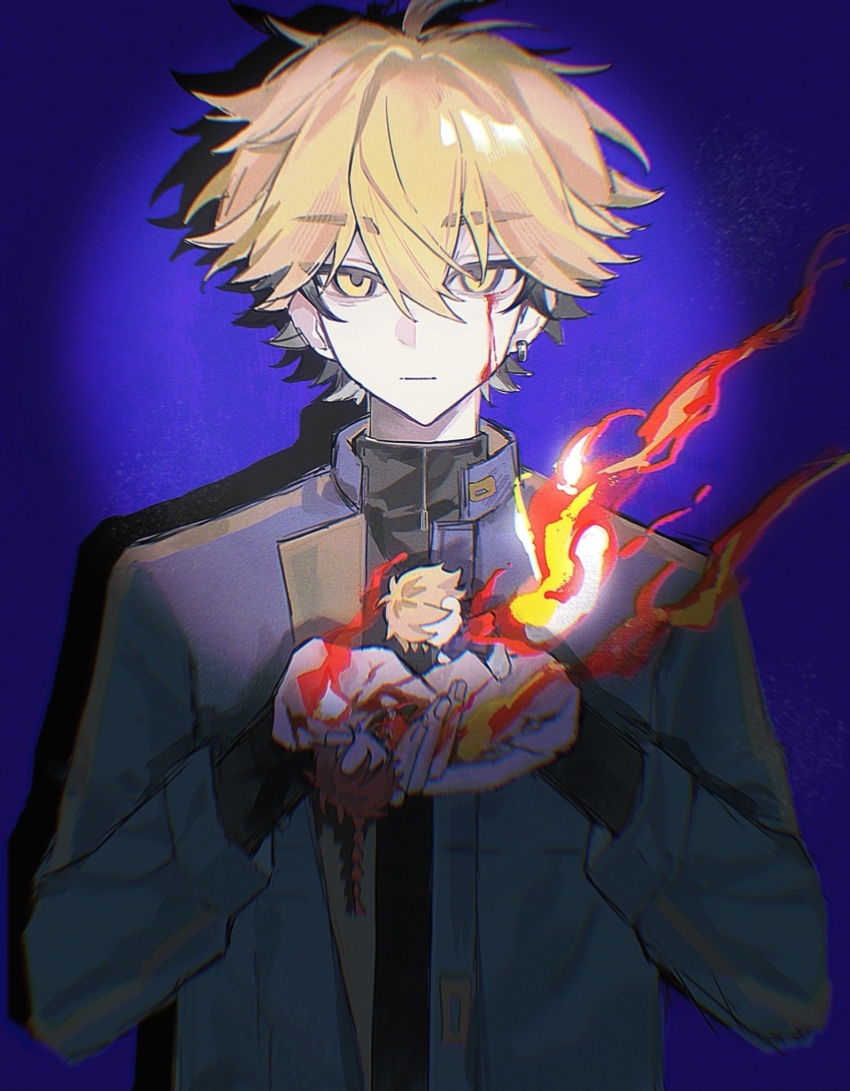 1boy black_shirt blonde_hair blood blood_on_face blood_on_hands blue_background blue_jacket burning chibi closed_mouth expressionless fire hair_between_eyes highres holding holding_toy jacket kunqibulaichuang long_sleeves looking_at_viewer male_focus open_clothes open_jacket shiguang_dailiren shirt short_hair simple_background solo toy turtleneck turtleneck_shirt upper_body xia_fei yellow_eyes