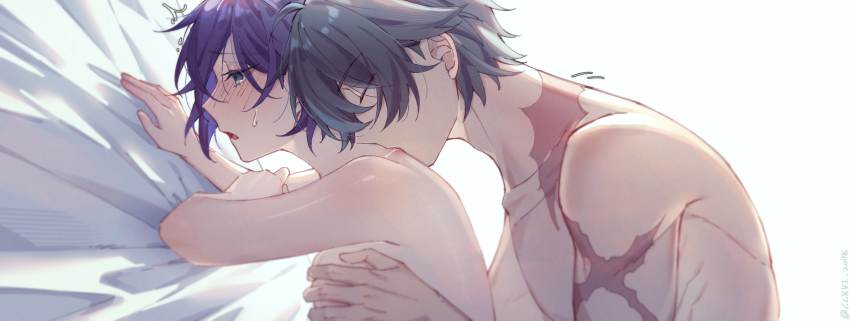 1boy 1girl absurdres bed belle_(zenless_zone_zero) bite_mark bite_mark_on_neck biting blue_hair blush breasts ccxvi_201116 closed_eyes grabbing_another&#039;s_breast green_hair groping highres lighter_(zenless_zone_zero) medium_breasts neck_biting nude on_bed open_mouth simple_background white_background zenless_zone_zero