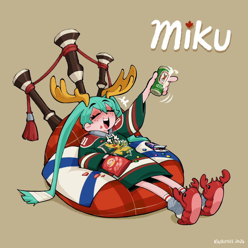 1girl absurdres alcohol alexander_keith&#039;s animal_slippers artist_name bagpipes beer beer_can blue_hair brown_background can canada character_name chips_(food) closed_eyes commentary drink_can drunk english_commentary food full_body green_shirt grey_socks halifax_mooseheads hatsune_miku highres holding holding_can horns instrument jersey kyu-bum_lee leaf long_hair maple_leaf open_mouth potato_chips reclining red_footwear shirt simple_background slippers smarties socks solo twintails vocaloid