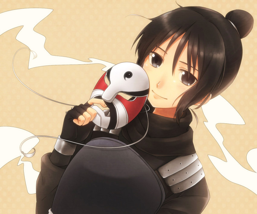 1girl ai_kusunoki black_eyes black_hair female_focus fingerless_gloves fullmetal_alchemist gloves hair_bun holding kusu22 lan_fan mask single_hair_bun smile solo