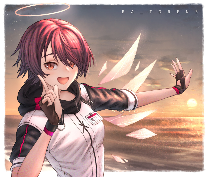 1girl :d absurdres arknights artist_name beach black_gloves border brown_eyes energy_wings exusiai_(arknights) fingerless_gloves gloves hair_over_one_eye halo hand_up highres hood hood_down hooded_jacket hoshino_ruby_dance index_finger_raised jacket looking_at_viewer open_mouth oshi_no_ko outdoors outstretched_arm ra_torens red_hair short_hair short_sleeves smile solo sunset upper_body white_border white_jacket