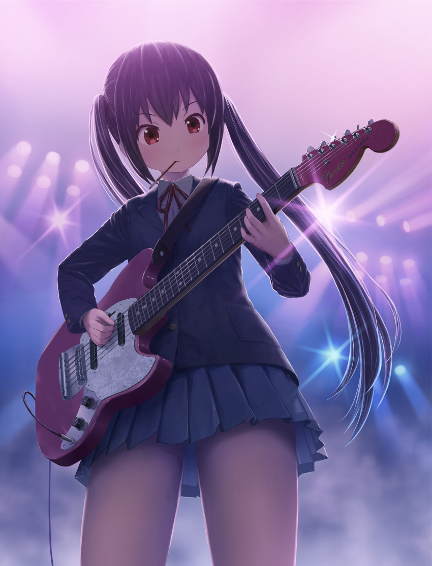 1girl backlighting black_hair blue_jacket blue_skirt blush brown_eyes closed_mouth collared_shirt commentary_request cowboy_shot electric_guitar fog food food_in_mouth from_below guitar highres holding holding_instrument instrument isou_nagi jacket k-on! long_hair long_sleeves looking_at_object music nakano_azusa neck_ribbon playing_instrument pleated_skirt pocky red_ribbon ribbon sakuragaoka_high_school_uniform school_uniform shirt skirt solo stage_lights standing twintails white_shirt