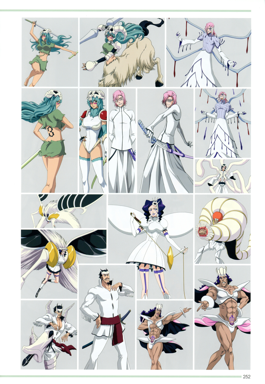 5girls 6+boys abs absurdres alternate_costume arrancar artbook beard bleach bleach:_brave_souls bleach:_sennen_kessen-hen breasts character_request charlotte_chuhlhourne cirucci_sanderwicci claws crossdressing dark_skin dordoni_alessandro_del_socaccio eyelashes facial_hair facial_mark fighting_stance green_eyes grin hands_on_own_hips helmet highres holding holding_sword holding_weapon horns jumping large_breasts lips long_hair looking_at_viewer luppi_antenor manly micro_shorts monster_girl multiple_boys multiple_girls muscular muscular_female muscular_male mustache navel nelliel_tu_odelschwanck non-web_source official_art open_mouth pink_hair polearm resurreccion revealing_clothes short_hair shorts simple_background smile spiked_hair stitches sword szayelaporro_granz tentacles torn_clothes very_long_hair weapon wide_hips