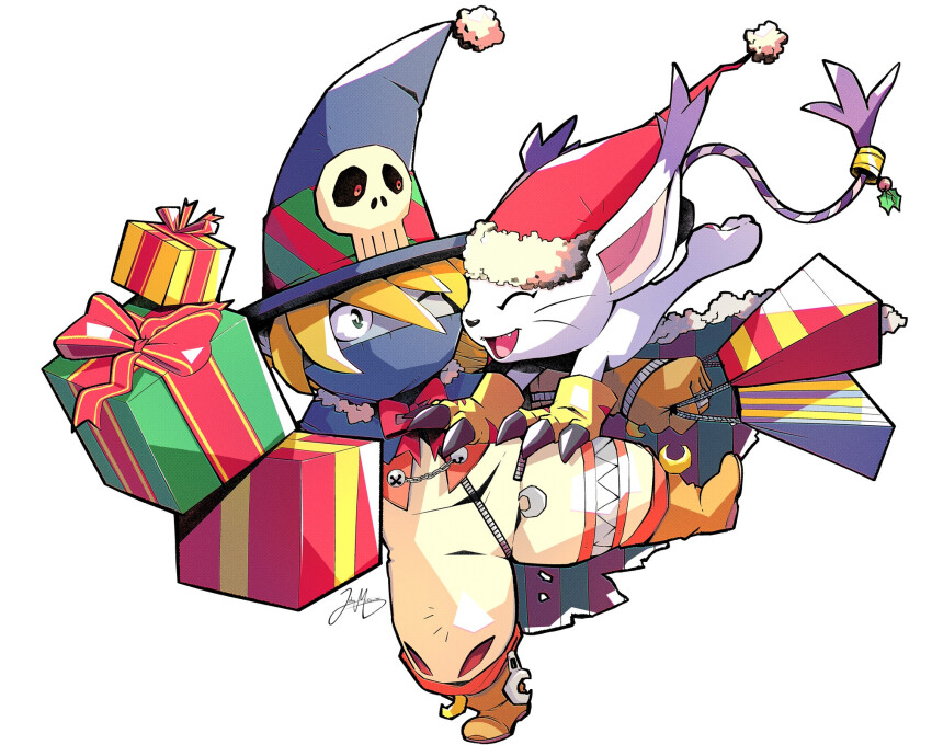 animal_ears cat cat_ears christmas digimon digimon_(creature) gloves hat holy_ring skull tail tailmon wizard wizard_hat wizarmon