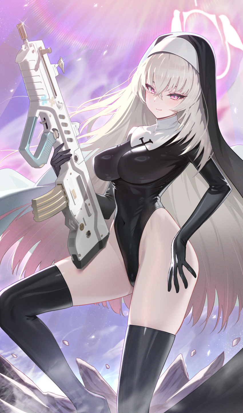 1girl absurdres black_thighhighs blue_archive breasts bullpup contrapposto gun highres justina_follower_(blue_archive) large_breasts latex latex_leotard leotard long_hair looking_at_viewer nun purple_eyes rifle sakurako_(blue_archive) sapysha skindentation smile solo thighhighs weapon white_hair