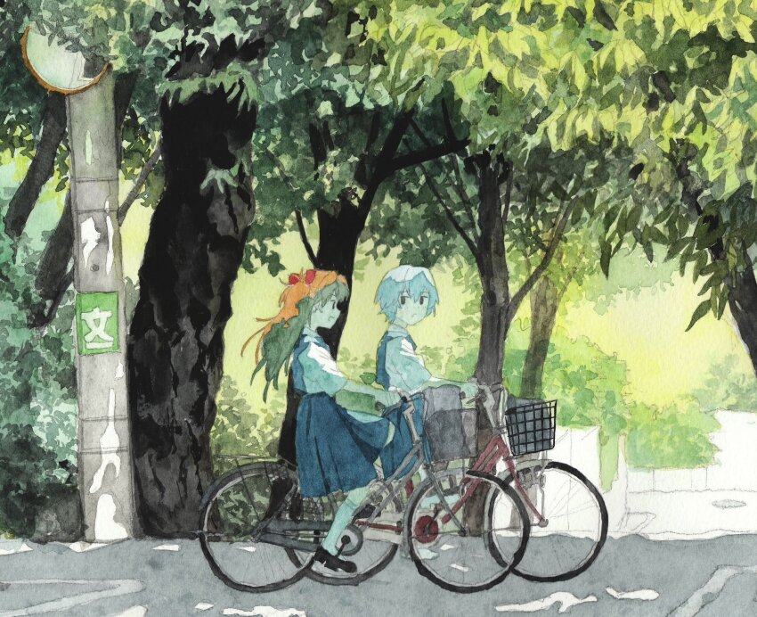 2girls ayanami_rei bicycle bicycle_basket black_footwear blue_dress blue_hair day dress highres long_hair looking_at_another multiple_girls narihayao neon_genesis_evangelion open_mouth outdoors pinafore_dress red_hair riding riding_bicycle road school_uniform shirt short_hair sleeveless sleeveless_dress socks souryuu_asuka_langley street tokyo-3_middle_school_uniform traffic_mirror tree utility_pole white_shirt white_socks