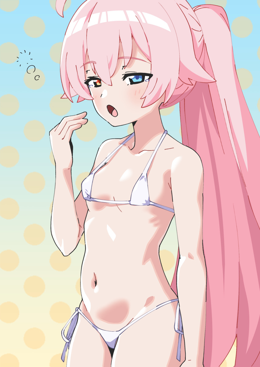 1girl absurdres bikini blue_archive blue_eyes breasts commentary cowboy_shot hair_between_eyes hair_flaps hand_up heterochromia highres hoshino_(blue_archive) long_hair looking_at_viewer micro_bikini navel oinari_(koheihei1109) open_mouth pink_hair polka_dot polka_dot_background ponytail side-tie_bikini_bottom small_breasts solo stomach swimsuit tearing_up very_long_hair white_bikini yellow_eyes