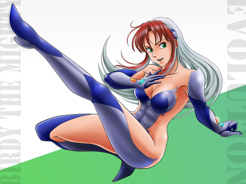 1girl birdy_cephon_altera blue_footwear blue_gloves blue_leotard boots breasts brown_hair collarbone commentary_request copyright_name dyed_bangs elbow_gloves full_body gloves green_eyes highres leotard long_hair medium_breasts multicolored_hair open_mouth partial_commentary revealing_clothes skin_tight smile solo tamanegiinyo tetsuwan_birdy tetsuwan_birdy_decode thigh_boots thighhighs two-tone_hair white_hair