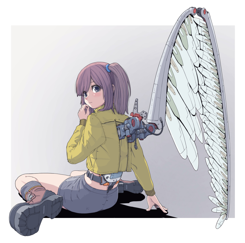 1girl absurdres belt blush boots border commentary_request embarrassed from_behind green_jacket grey_eyes highres jacket looking_back mechanical_wings midriff one_side_up original outside_border purple_hair short_shorts shorts simple_background single_mechanical_wing single_wing sitting solo sukabu swept_bangs wariza white_border wings