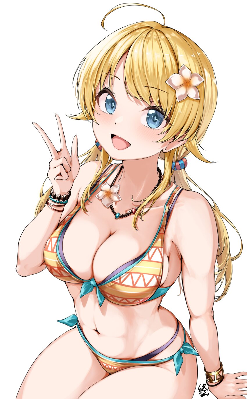 1girl absurdres ahoge arm_support blonde_hair blue_eyes blush bracelet breasts cleavage commentary_request endo_yohane hachimiya_meguru highres idolmaster idolmaster_shiny_colors invisible_chair jewelry long_hair looking_at_viewer medium_breasts navel necklace signature simple_background sitting smile solo stomach twintails very_long_hair w white_background