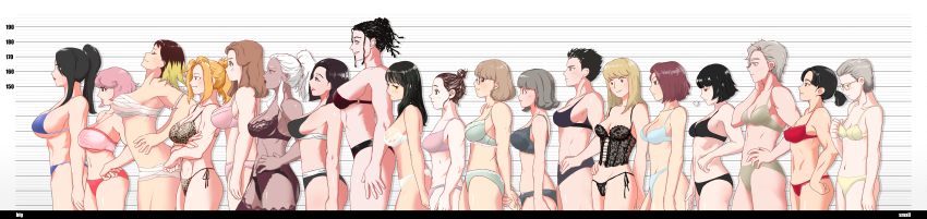 6+girls absurdres animal_print bikini black_hair blonde_hair breast_conscious breasts brown_hair bust_chart cha_so-wul character_request chest_sarashi commentary_request dark-skinned_female dark_skin derivative_work dreadlocks everyone fight_class_3 fundoshi glasses height_chart highres incredibly_absurdres jang_mi-ryeong japanese_clothes korean_commentary kwon_tae-young lace lace-trimmed_thighhighs lace_trim large_breasts leopard_print leopard_print_bikini lim_chae-sook lineup lingerie long_hair long_image maria_dacascos medium_breasts multiple_girls muscular muscular_female orange_hair print_bikini sarashi short_hair sideboob small_breasts standing sunny_jaa swimsuit tall_female thighhighs underboob underwear vagabooo variant_set wide_image yeo_eun-sol