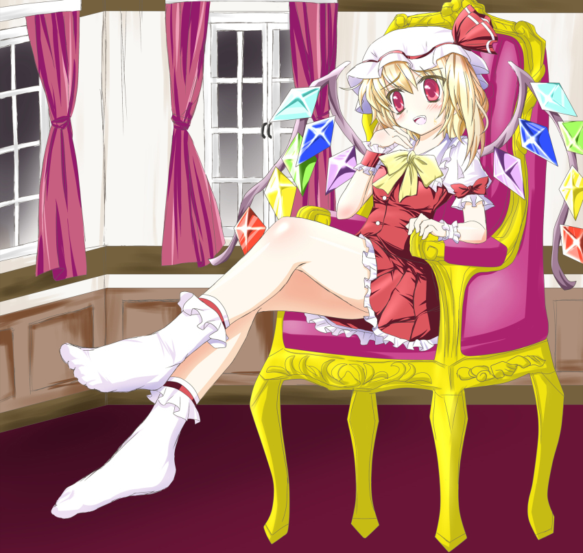 1girl blonde_hair blush chair embodiment_of_scarlet_devil fang feet female_focus flandre_scarlet full_body hat head_rest highres indoors legs red_eyes short_hair side_ponytail sitting smile socks solo toni_(artist) touhou wings wrist_cuffs