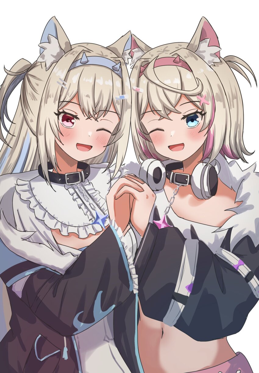 2girls absurdres animal_ear_fluff animal_ears belt_collar black_collar black_jacket blonde_hair blue_eyes blue_hair blush breasts collar cropped_jacket cropped_shirt dog_ears dog_girl fur-trimmed_jacket fur_trim fuwawa_abyssgard fuwawa_abyssgard_(1st_costume) hair_ornament hairpin headphones headphones_around_neck highres holding_hands hololive hololive_english jacket large_breasts long_hair looking_at_viewer medium_hair midriff mococo_abyssgard mococo_abyssgard_(1st_costume) multicolored_hair multiple_girls navel one_eye_closed open_mouth pink_eyes pink_hair sharkudon short_shorts shorts siblings sisters skirt skirt_set small_breasts smile spiked_collar spikes streaked_hair twins virtual_youtuber white_shorts white_skirt x_hair_ornament