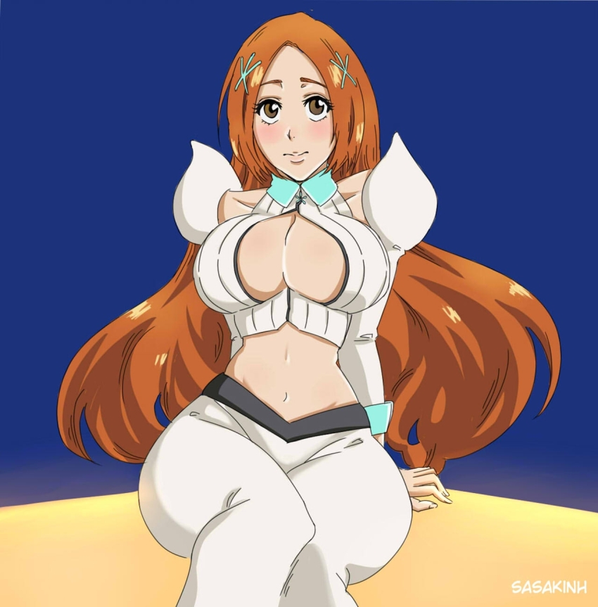 1girl artist_name bleach bleach:_sennen_kessen-hen breasts brown_eyes cleavage cleavage_cutout clothing_cutout collarbone detached_sleeves female_focus hair_ornament hairclip highres inoue_orihime large_breasts long_hair orange_hair sasaki-nh sitting