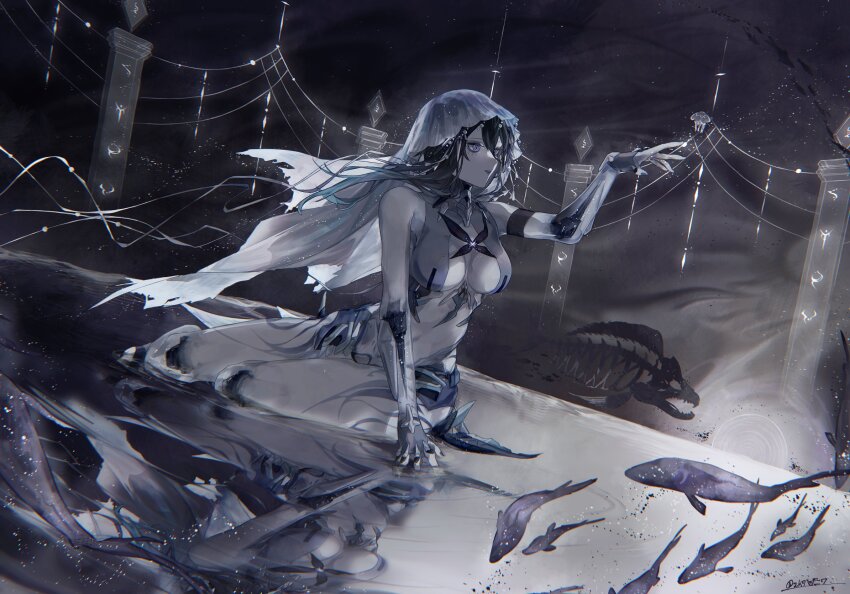 1girl black_hair breasts colored_skin fish grey_skin hair_ornament highres lamia:_lost_lullaby_(pgr) lamia_(pgr) mechabare mechanical_arms medium_breasts pale_skin punishing:_gray_raven ringed_eyes solo veil white_veil za7_ge7