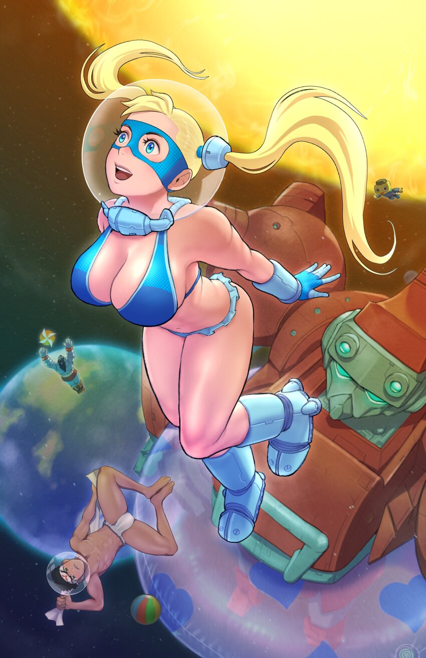 1girl 2boys 2others absurdres ball beachball bikini blue_bikini breasts bx-02_blodia capcom company_connection crossover cyberbots earth_(planet) floating frilled_bikini frills fundoshi headband helmet highres japanese_clothes knees_apart_feet_together large_breasts mask mecha mega_man_(series) mega_man_legends_(series) multiple_boys multiple_others planet quasimodox rainbow_mika robot saotome_jin servbot_(mega_man) smile space space_helmet street_fighter sun swim_ring swimsuit twintails zangief