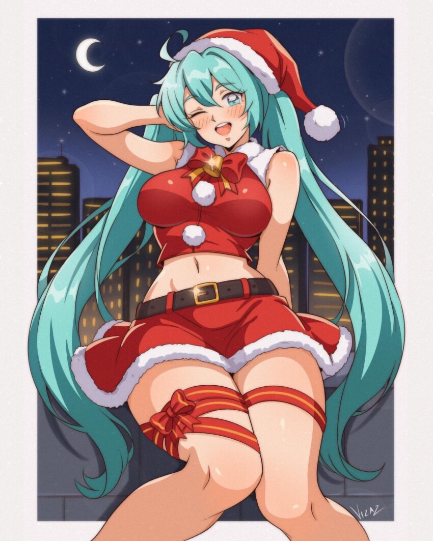 1girl aqua_eyes aqua_hair arm_support artist_name bell belt belt_buckle blush border bow bowtie breasts brown_belt buckle cityscape commentary crescent_moon crop_top feet_out_of_frame fur-trimmed_headwear fur-trimmed_skirt fur_trim glint hand_on_own_head hat hatsune_miku highres large_breasts leg_ribbon long_hair midriff moon navel neck_bell night night_sky open_mouth outside_border pom_pom_(clothes) red_bow red_bowtie red_hat red_shirt red_skirt ribbon santa_costume santa_hat shirt sitting skirt sky sleeveless sleeveless_shirt smile solo star_(sky) starry_sky teeth thigh_ribbon twintails upper_teeth_only vizaz vocaloid white_border