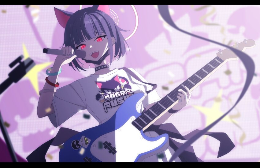 1girl absurdres animal_ears bass_guitar black_choker black_hair black_mask blue_archive cat_ears choker clothes_around_waist colored_inner_animal_ears colored_inner_hair dusk_ming extra_ears fender_jazz_bass halo highres holding holding_bass_guitar holding_instrument instrument jacket jacket_around_waist kazusa_(band)_(blue_archive) kazusa_(blue_archive) mask_pull multicolored_hair official_alternate_costume pink_hair pink_halo red_eyes shirt short_hair short_sleeves skirt solo white_shirt white_skirt