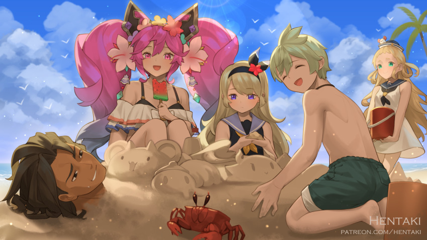 2boys 3girls :d ^_^ animal artist_name bare_arms bare_shoulders black_hair black_neckerchief blonde_hair blue_hair blue_headwear blue_sailor_collar blue_sky breasts brown_hair bucket buried character_request cleo_(dragalia_lost) closed_eyes cloud cloudy_sky commentary crab dark-skinned_male dark_skin day dragalia_lost dress english_commentary flower gradient_hair green_eyes hair_between_eyes hair_flower hair_ornament hat hentaki long_hair multicolored_hair multiple_boys multiple_girls neckerchief nervous_smile open_mouth outdoors palm_tree pink_eyes pink_flower pink_hair purple_eyes purple_flower red_flower sailor_collar sailor_dress sailor_hat sky sleeveless sleeveless_dress small_breasts smile summer sweat tree twintails very_long_hair watermark web_address white_dress white_flower yellow_flower