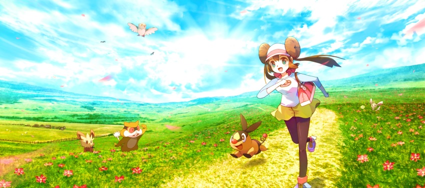 1girl bag bird black_pantyhose blue_sky brown_hair cloud cloudy_sky creatures_(company) day double_bun female_focus flower flying game_freak gen_5_pokemon grass green_eyes hair_bun handbag highres hill landscape lillipup long_hair minccino nintendo open_mouth outdoors pantyhose pantyhose_under_shorts path patrat petilil pidove pokemon pokemon_(creature) pokemon_bw2 raglan_sleeves red_flower revision ribero road rosa_(pokemon) running scenery shoes short_shorts shorts sky smile sneakers tepig twintails visor_cap yellow_shorts