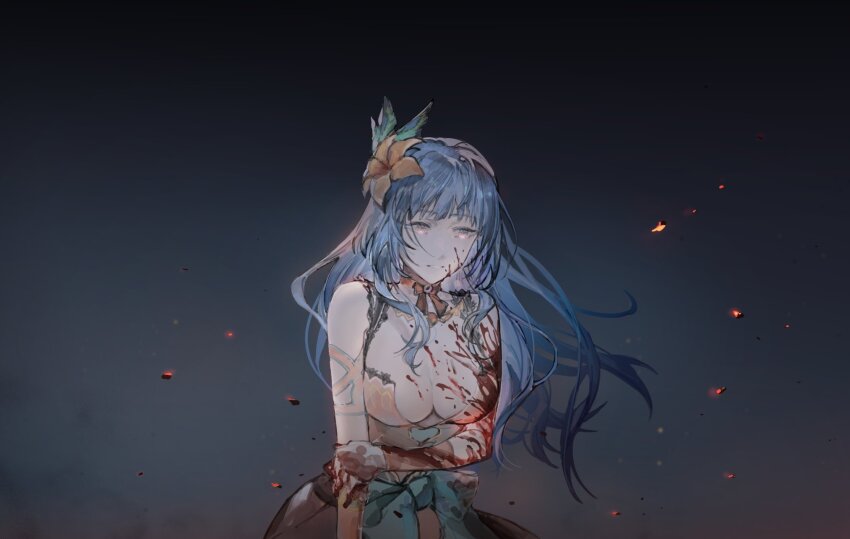 1girl blood blood_on_clothes blood_on_face blood_on_hands blood_splatter blood_stain blue_hair breasts cleavage dress flower hair_flower hair_ornament highres large_breasts long_hair red_eyes riio rocbouquet_(saga) romancing_saga_2 saga solo