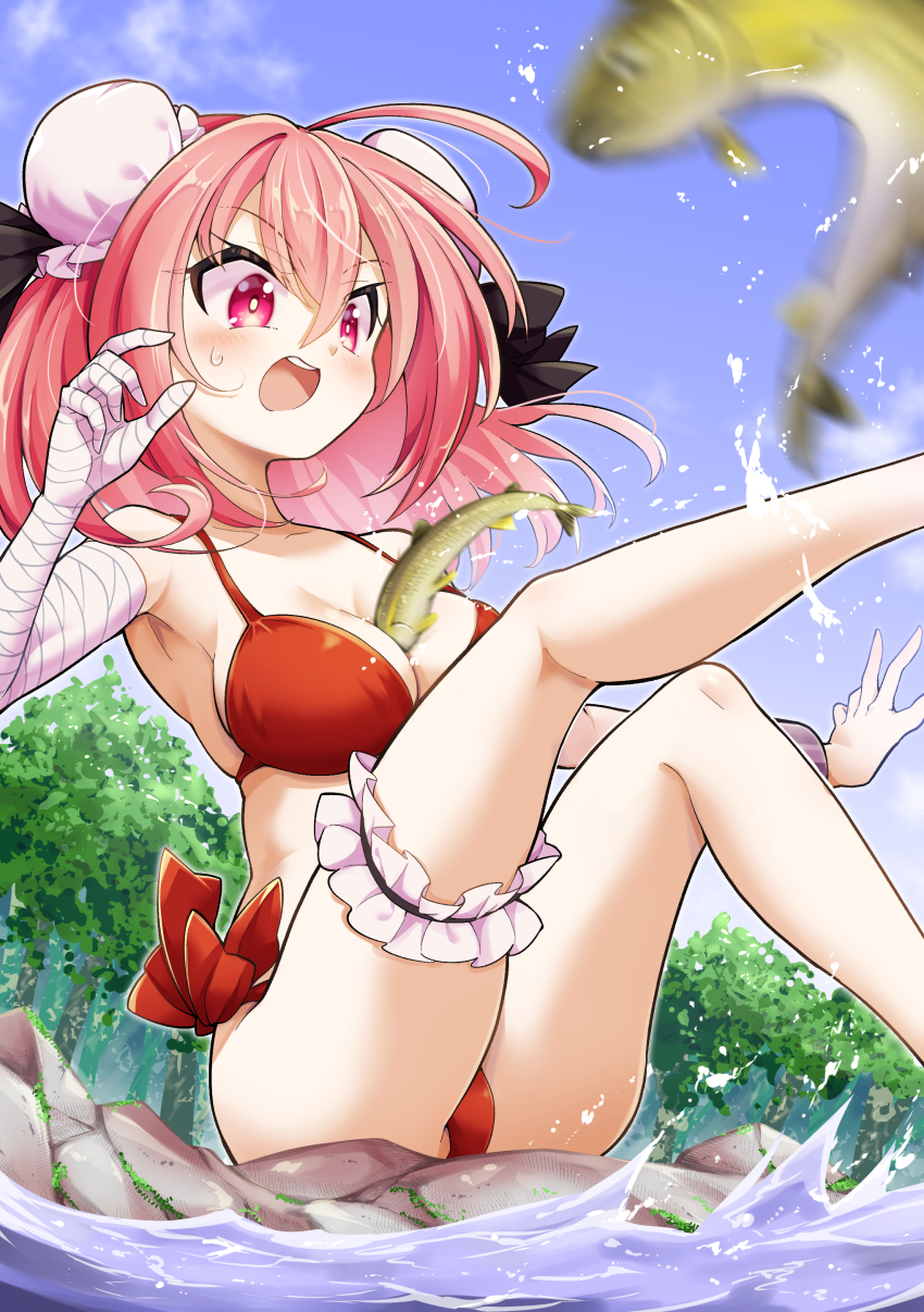 1girl absurdres alternate_costume armpits bandaged_arm bandages bikini blush breasts bridal_garter bun_cover cleavage commentary_request commission day double_bun fish futa_(nabezoko) hair_bun highres ibaraki_kasen open_mouth outdoors pink_eyes pink_hair red_bikini sitting skeb_commission solo sweatdrop swimsuit touhou tree water