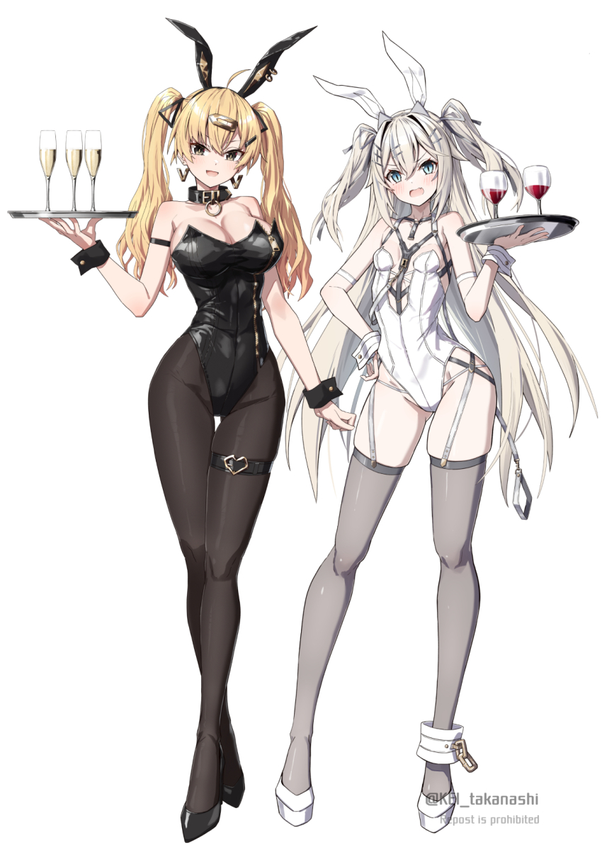 2girls :d alcohol animal_ears black_collar black_leotard black_pantyhose blonde_hair breasts brown_eyes champagne champagne_flute cleavage collar commentary_request cup drinking_glass earrings fake_animal_ears full_body grey_thighhighs highres jewelry large_breasts leotard long_hair looking_at_viewer multiple_girls open_mouth original pantyhose playboy_bunny rabbit_ears small_breasts smile takanashi_kei_(hitsujikan) thighhighs twintails twitter_username two_side_up white_hair white_leotard wine wine_glass