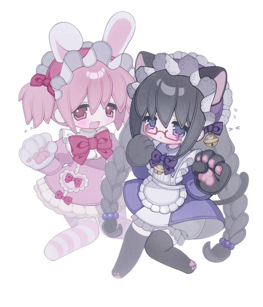 2girls :&lt; akemi_homura alternate_costume animal_ears animal_hands apron bell black_hair black_thighhighs bloomers bow bowtie braid cat_ears chinese_commentary closed_mouth commentary_request deformed dress enmaided frilled_apron frilled_dress frills gloves grey_bloomers hair_bell hair_bow hair_ornament hands_up highres juliet_sleeves kaname_madoka long_hair long_sleeves mahou_shoujo_madoka_magica mahou_shoujo_madoka_magica_(anime) maid maid_apron maid_headdress multiple_girls neck_bell open_mouth pantyhose paw_gloves paw_print pink_bow pink_bowtie pink_dress pink_hair pink_pantyhose puffy_sleeves purple_bow purple_bowtie purple_dress purple_eyes rabbit_ears red_eyes short_hair simple_background smile striped_clothes striped_pantyhose tearing_up thighhighs twin_braids twintails underwear white_apron white_background yigeweiren607