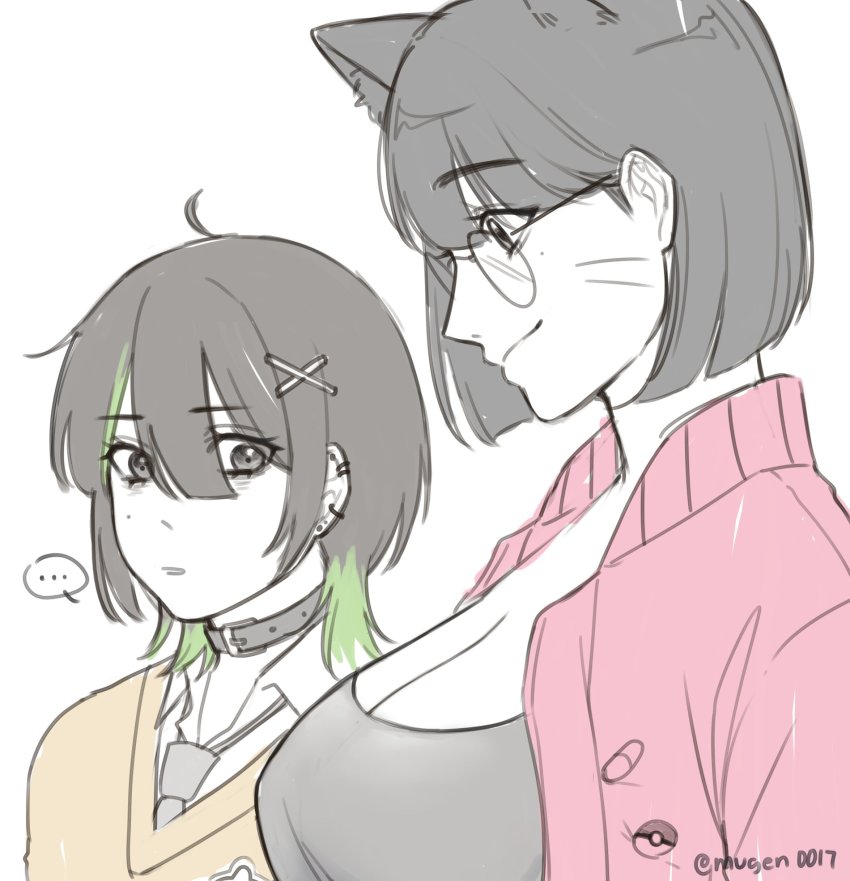 ... 2girls ahoge animal_ears belt_collar breasts cat_ears cleavage closed_mouth collar commentary english_commentary facial_mark girl_staring_at_guy&#039;s_chest_(meme) glasses green_hair grey_necktie hair_ornament hairclip highres jacket large_breasts looking_at_viewer meme mole mole_under_eye mugen0017 multiple_girls necktie open_clothes open_jacket pale_color parted_lips pink_jacket round_eyewear signature simple_background smile spoken_ellipsis sweater twitter_username virtual_youtuber whisker_markings white_background x_hair_ornament