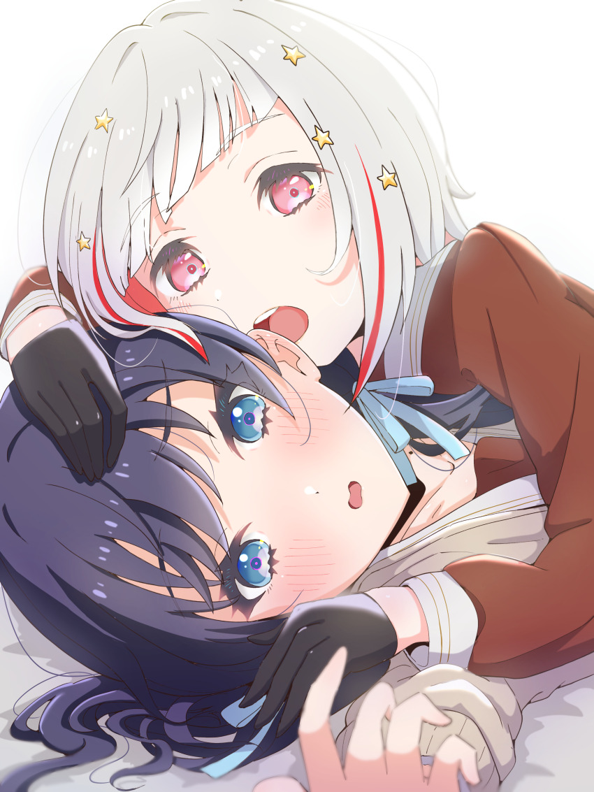 2girls :o absurdres black_gloves blue_eyes blue_hair blue_ribbon blush bob_cut brown_cardigan brown_dress cardigan colored_inner_hair commentary_request dark_blue_hair diagonal_bangs dollchestra dress ear_blush girl_on_top gloves hair_ornament hair_ribbon half_gloves hand_on_another&#039;s_head hasu_no_sora_school_uniform highres imminent_bite inverted_bob link!_like!_love_live! long_hair long_sleeves love_live! low_twintails mole mole_on_neck multicolored_hair multiple_girls murano_sayaka open_cardigan open_clothes open_mouth outstretched_arm peanut_mouth pink_eyes red_hair ribbon sailor_collar sailor_dress school_uniform shirane_nanimo short_hair simple_background star_(symbol) star_hair_ornament streaked_hair teeth twintails upper_teeth_only virtual_youtuber white_background white_hair white_sailor_collar winter_uniform yugiri_tsuzuri yuri