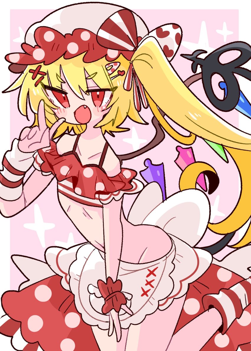 1girl apron bare_hips bare_shoulders blonde_hair blush bow collarbone commentary crystal crystal_wings fang flandre_scarlet frilled_hat frills hair_between_eyes hair_ornament hair_ribbon hairclip hat heart heart_hair_ornament heart_ribbon highres internet_survivor laevatein_(touhou) mob_cap navel op_na_yarou open_mouth pink_background pink_hat polka_dot polka_dot_bow red_eyes red_ribbon ribbon ribs short_hair side_ponytail skirt solo star_(symbol) touhou v white_ribbon wings