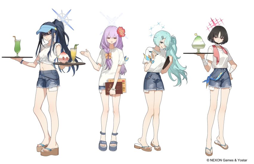 4girls arius_squad_(blue_archive) atsuko_(blue_archive) bandaged_wrist bandages black_mask blue_archive blue_eyes blue_hair blue_halo blue_shorts blue_visor bracelet brown_eyes brown_hair closed_mouth cocktail cup denim denim_shorts drinking_glass flower full_body green_eyes green_hair green_halo hair_between_eyes hair_flower hair_ornament hair_over_one_eye halo hat highres hiyori_(blue_archive) holding holding_menu jewelry long_hair looking_at_viewer marker mask menu misaki_(blue_archive) mouth_mask multiple_girls official_alternate_costume official_art open_mouth ponytail purple_hair red_eyes red_halo sandals saori_(blue_archive) shirt short_hair shorts simple_background sleeves_rolled_up smile tied_shirt tropical_drink visor_cap watch white_background white_halo white_shirt wristwatch zhibuji_loom