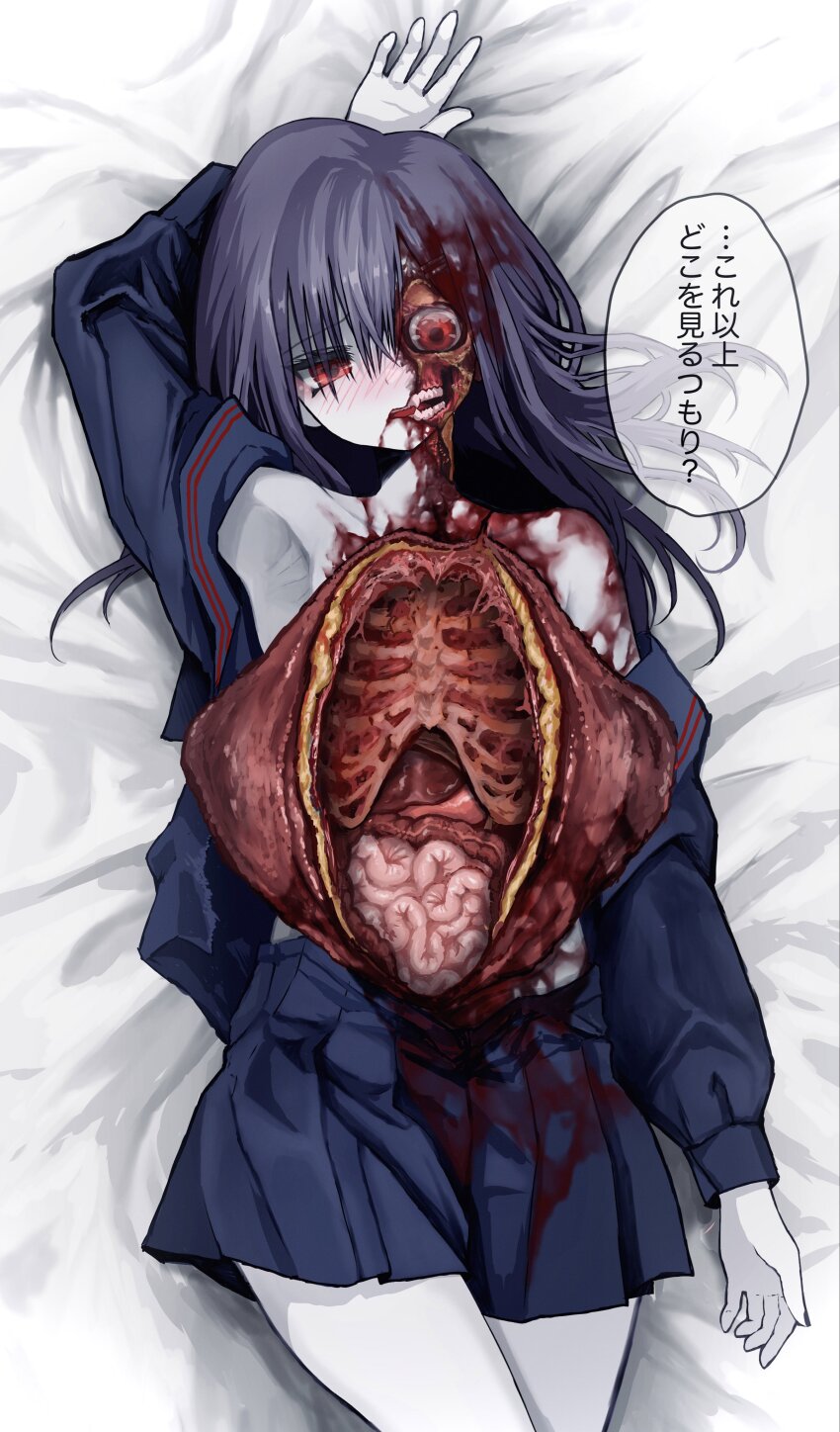 1girl absurdres arm_up armpits black_nails black_sailor_collar black_serafuku blood blood_in_hair blood_on_neck blouse blush closed_mouth colored_skin dakimakura_(medium) embarrassed eyeball gorezono_neo_(yu-ki_iwata) guro hair_between_eyes highres intestines looking_at_viewer lying medium_hair neckerchief off_shoulder on_back on_bed organs original pleated_skirt purple_hair red_eyes red_neckerchief ribs sailor_collar school_uniform serafuku shirt skirt solo speech_bubble straight_hair sweat talking teeth torn_clothes white_skin yu-ki_iwata