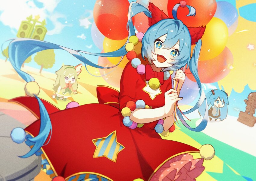 +_+ 3girls :3 ahoge animal_ears balloon blue_eyes blue_hair blurry blurry_background bow bowtie cat_ears clothing_cutout comugikun dress fake_animal_ears fangs hair_ornament hatsune_miku highres kusanagi_nene long_hair looking_at_viewer multiple_girls open_mouth petticoat pom_pom_(clothes) pom_pom_hair_ornament project_sekai red_dress smile solo_focus star_cutout twintails very_long_hair vocaloid wonderlands_x_showtime_miku