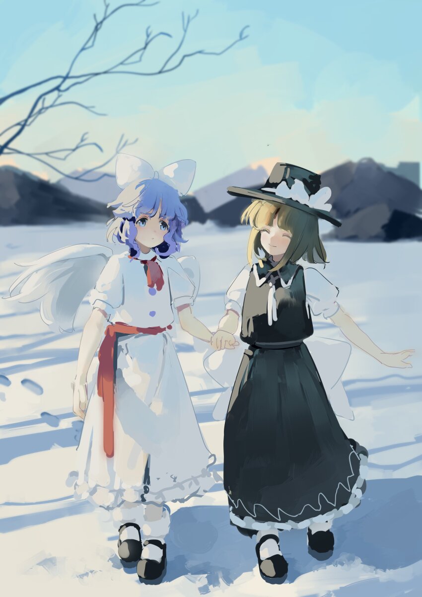 2girls absurdres bare_tree black_footwear black_headwear black_shirt black_skirt blue_eyes blue_hair blue_sky bow closed_eyes closed_mouth dress footprints full_body hair_bow highres holding_hands looking_at_another looking_at_viewer mai_(touhou) mountain multiple_girls outdoors sancking_(fatekl) shirt short_hair short_sleeves skirt sky snow standing touhou touhou_(pc-98) tree white_bow white_dress white_wings wings yuki_(touhou)