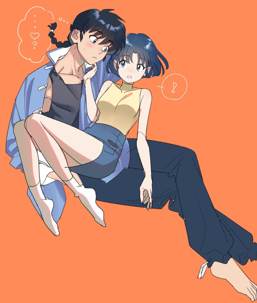 ! 1boy 1girl absurdres black_hair black_pants black_shirt blue_eyes blue_hair blue_jacket blue_skirt braid collarbone couple heart hetero highres invisible_chair ituki_kuniharu jacket long_hair looking_at_another no_shoes open_clothes open_jacket open_mouth pants pencil_skirt ranma_1/2 saotome_ranma shirt short_hair sitting sitting_on_lap sitting_on_person skirt sleeveless sleeveless_shirt socks speech_bubble spoken_exclamation_mark tendou_akane thought_bubble turtleneck turtleneck_shirt white_socks yellow_shirt