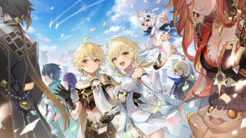 4boys 6+girls :d absurdres aether_(genshin_impact) black_shirt blonde_hair braid breasts brother_and_sister brown_hair cape cleavage closed_eyes cloud crop_top dainsleif_(genshin_impact) day dress furina_(genshin_impact) genshin_impact green_cape highres little_one_(genshin_impact) long_hair low_ponytail lumine_(genshin_impact) mavuika_(genshin_impact) midriff multiple_boys multiple_girls nahida_(genshin_impact) open_mouth orange_hair outdoors paimon_(genshin_impact) purple_hair qi2341 raiden_shogun second-party_source shirt shooting_star short_hair siblings smile stomach tepetlisaurus_(genshin_impact) venti_(genshin_impact) very_long_hair white_dress white_hair white_romper zhongli_(genshin_impact)