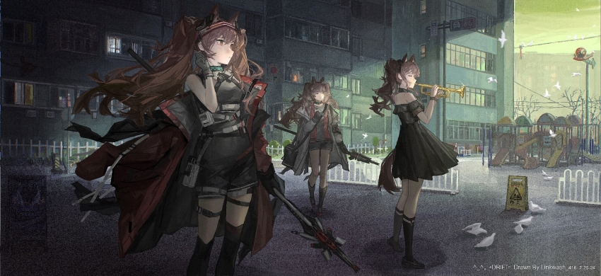 1girl ambience_synesthesia angelina_(ambience_synesthesia)_(arknights) angelina_(arknights) angelina_(distinguished_visitor)_(arknights) animal_ears arknights bare_shoulders black_coat black_dress black_footwear black_gloves black_shorts black_socks black_thighhighs brown_hair brown_tail building chinese_commentary city closed_mouth coat commentary_request dated dress film_grain flats gloves grey_coat hairband hand_up highres holding holding_instrument holding_trumpet instrument kneehighs long_hair long_sleeves looking_afar making-of_available multiple_persona music off_shoulder official_alternate_costume open_clothes open_coat orange_eyes outdoors park playing_instrument pleated_dress procreate_(medium) profile red_coat red_hairband shoes short_dress short_sleeves shorts shuimo sleeveless sleeveless_dress socks standing tail thigh_strap thighhighs trumpet window