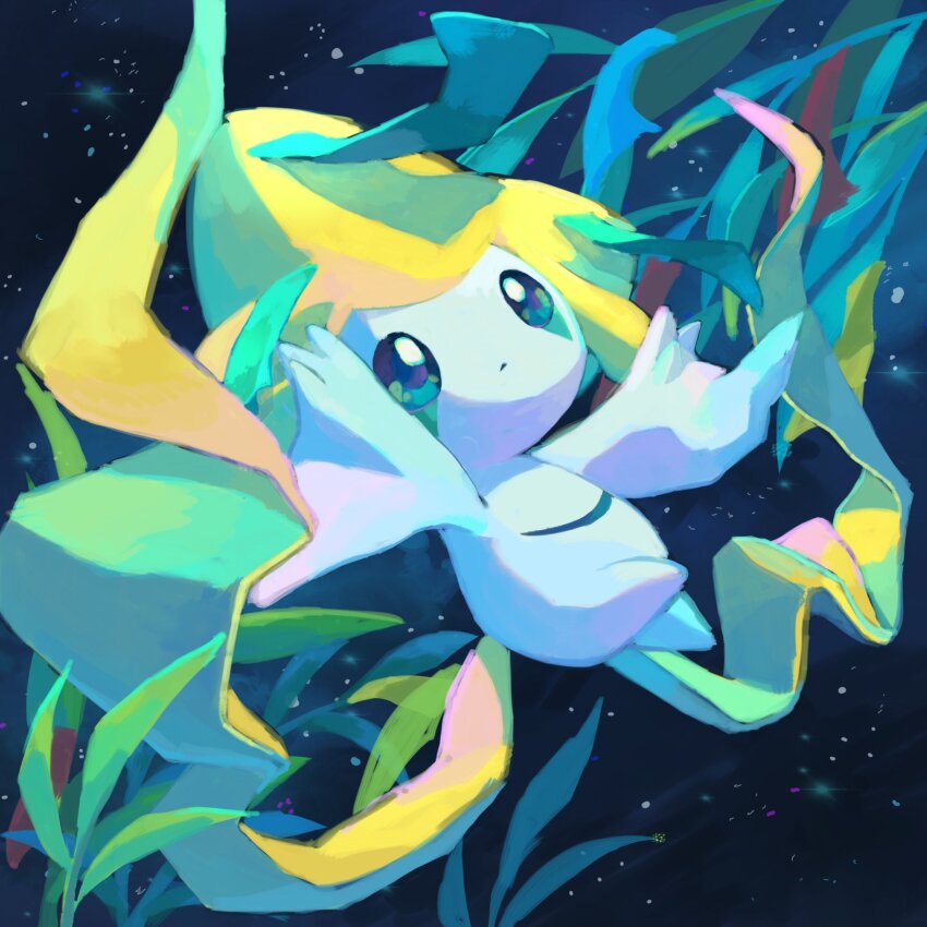 closed_eyes colored_skin creatures_(company) game_freak gen_3_pokemon highres jirachi keruasu0629 legendary_pokemon multicolored_skin mythical_pokemon nintendo no_humans one_eye_closed pokemon pokemon_(creature) solo star_(symbol) third_eye two-tone_skin white_skin yellow_skin