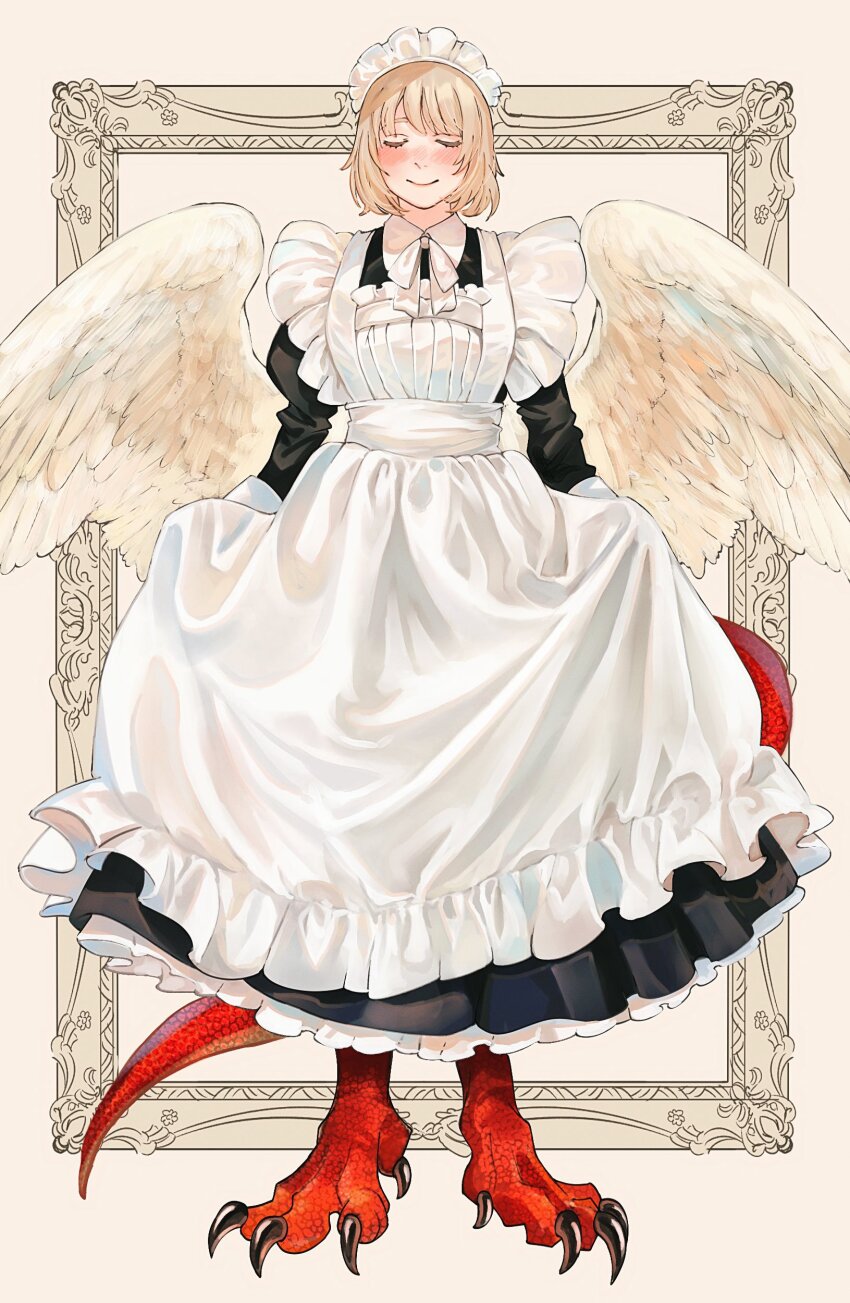 1girl absurdres alternate_costume angel_wings apron black_dress blonde_hair blush bow breasts chimera clawed_feet claws closed_eyes curtsey dragon_tail dress dungeon_meshi enmaided falin_touden falin_touden_(chimera) frills full_body highres maid maid_apron maid_headdress medium_breasts monster_girl pale_skin picture_frame sasakura34 scales smile spread_wings tail white_apron wings